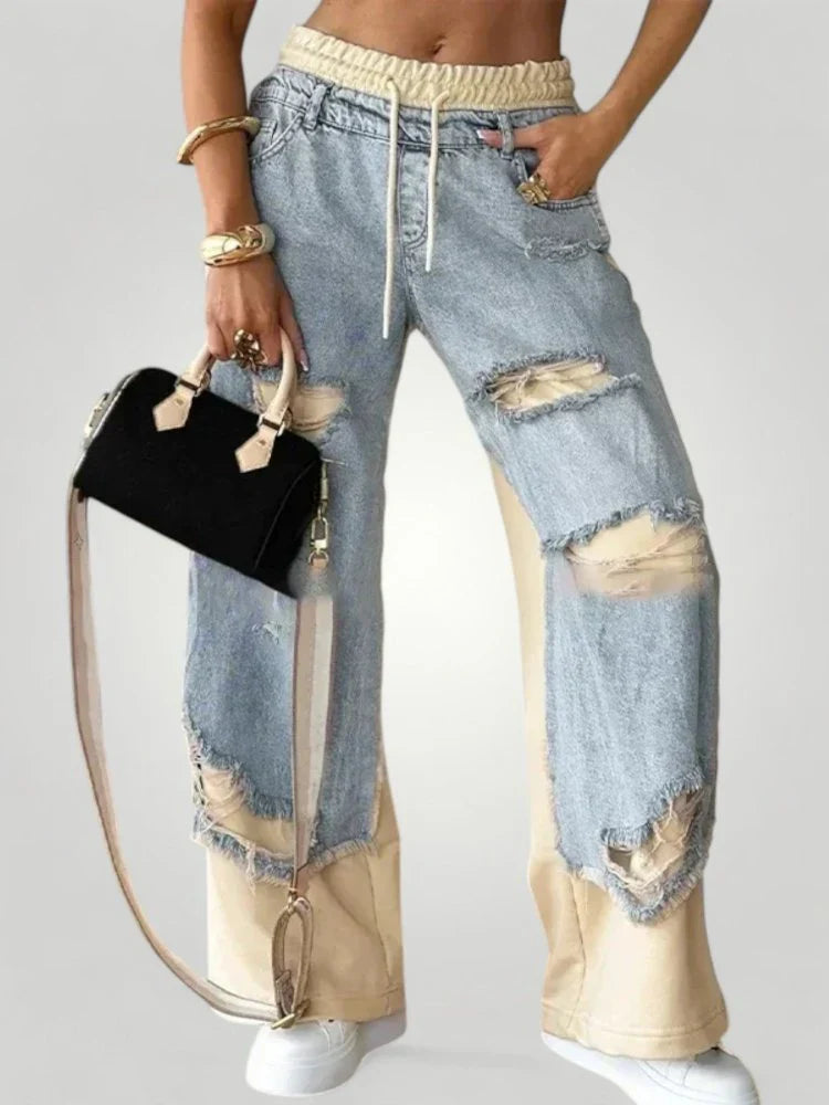 Pantalon Denim Patchwork Taille Élastique - Confort et Style Moderne Femme