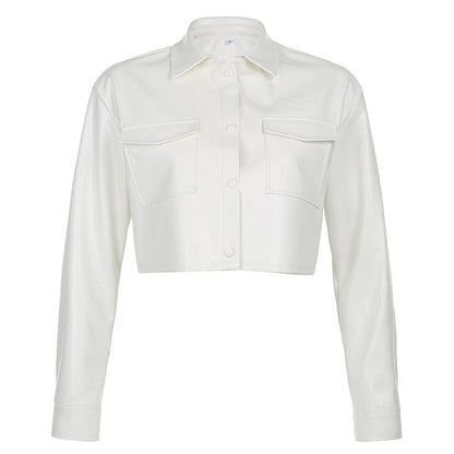 Faux Leather Loose-fit Single-breasted Long-sleeved Leather Jacket