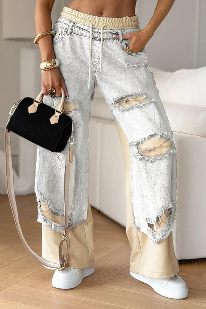 Pantalon Denim Patchwork Taille Élastique - Confort et Style Moderne Femme