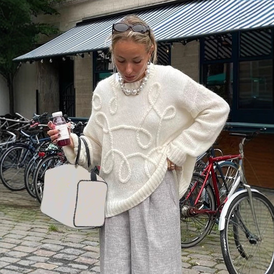 Solid Color Wool Irregular Embroidered Warm Long Sleeves Sweater