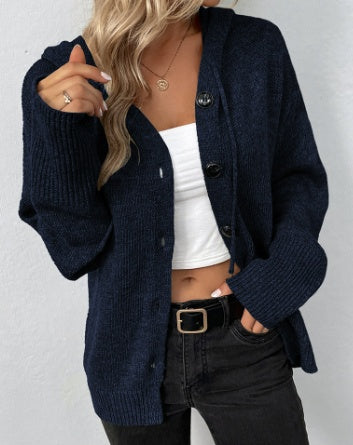 Ins Single-breasted Hooded Sweater Women's Solid Color Cardigan Coat Clothing