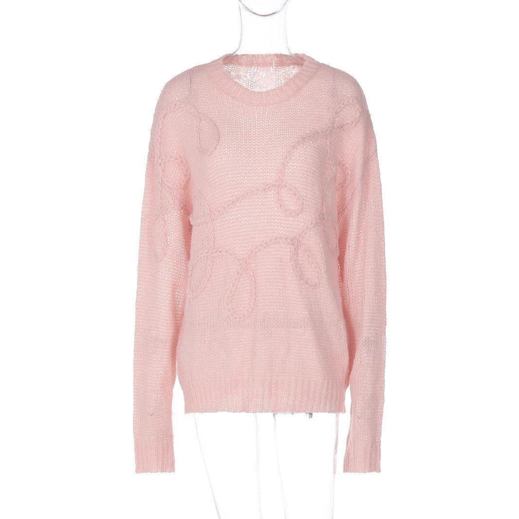 Solid Color Wool Irregular Embroidered Warm Long Sleeves Sweater