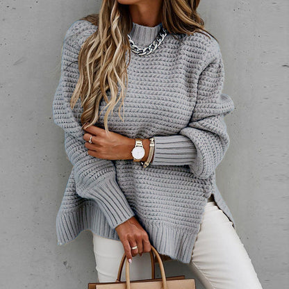 Solid color drawstring side slit knit sweater