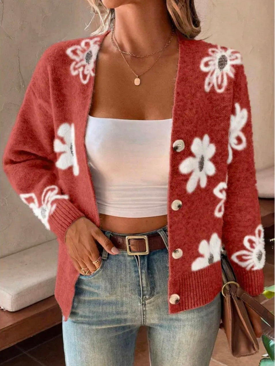 Cardigan Floral Boutonné Femme - Élégant et Polyvalent Toutes Saisons
