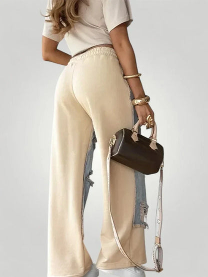 Pantalon Denim Patchwork Taille Élastique - Confort et Style Moderne Femme